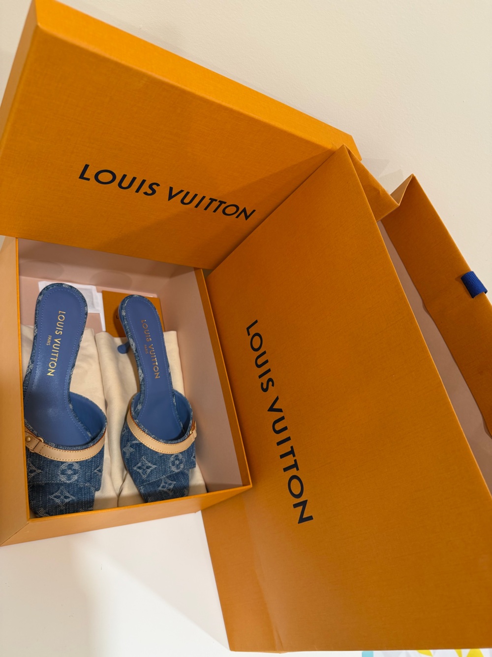 Louis Vuitton Blue Denim Monogram Mules with Tan Trim